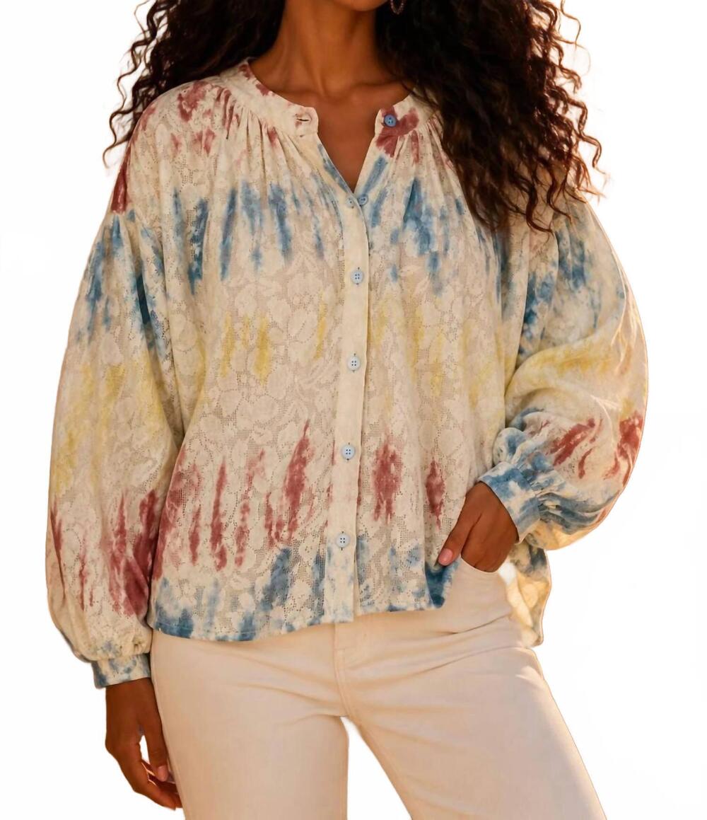 NEW SURELYMINE painted skies lace long sleeve blouse in white multi